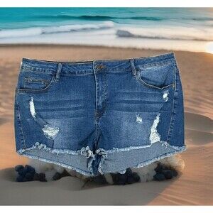 Fashion Nova Jeans Shorts Raw Hem Cut Off Distressed Ripped NWT 16 Stretch Denim